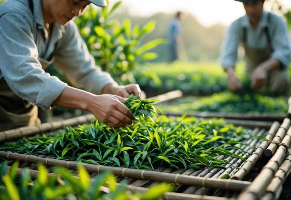 Fresh tea leaves being sorted