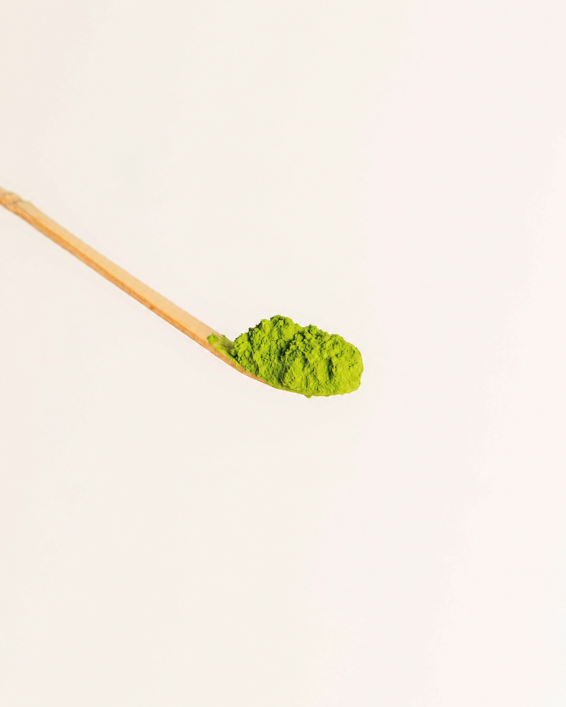 Ceremonial matcha powder on a bamboo spoon